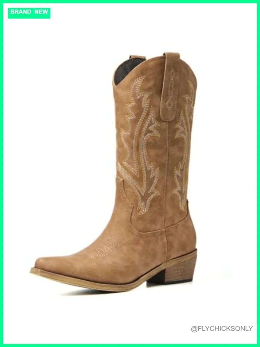 Faux Leather Embroidered Cowboy Boots with Chunky Heel, Pull-On Mid-Calf Boots